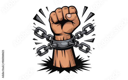 Empowering fist breaking free from chains in a bold comic style