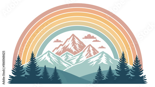 Vibrant rainbow over majestic snow-capped mountains with evergreen trees