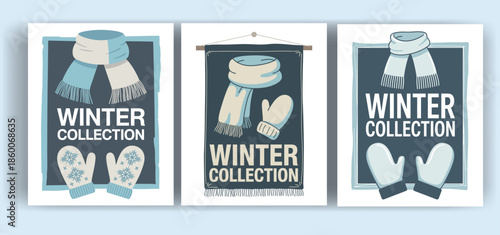 Cozy Winter Collection Posters with Scarf and Mittens Illustration

