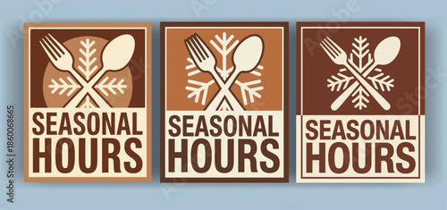 Vintage Seasonal Hours Posters with Fork and Spoon Snowflake Design

