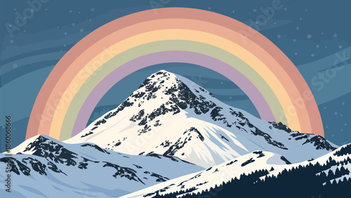 Snowy mountain landscape with vibrant rainbow in the sky