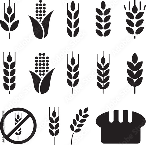 Gluten free food icons and wheat symbols in black