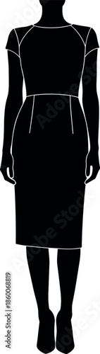 Full-Length Black Silhouette of Businesswoman Standing in Professional Cap-Sleeve Pencil Dress, Elegant Formal Corporate Attire Vector.