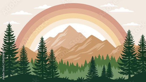 Vibrant rainbow over majestic mountain landscape with lush pine trees