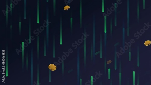 Futuristic Crypto Token Launch Background with Green Matrix Rain Light Streaks and Floating Gold Coins on Dark Navy – Clean Abstract Motion Loop