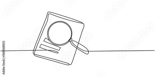 Paper document with magnifying glass one line, Office notes concept, Business analysis concept, Continuous one line drawing of Paper document with magnifying glass. Single line drawing illustration .