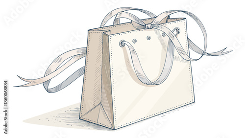 Elegant beige shopping bag with stylish ribbons and handles