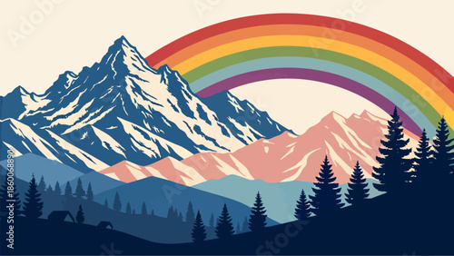 Vibrant rainbow arches over majestic mountain landscape with pine trees