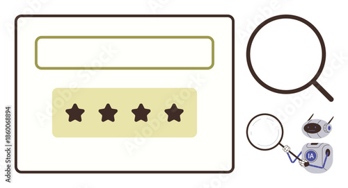 Magnifying glass inspecting rating stars and input field, accompanied by AI robot. Ideal for feedback, search, interaction, evaluation, user experience, AI processes, simple flat metaphor