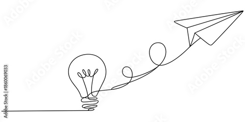 Paper plane flying up connected with light bulb continuous one line drawing. Airplane in outline style. Startup business idea concept vector illustration
