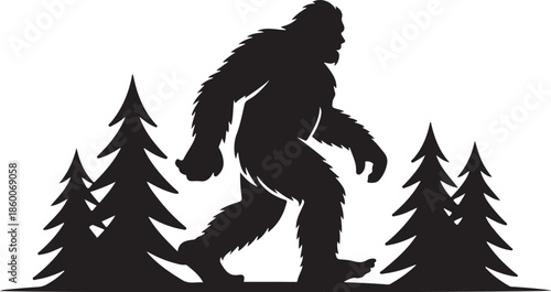 Bigfoot walking through forest with pine trees silhouette vector