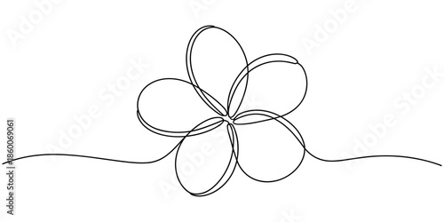 Plumeria flowers in continuous line art drawing style. Minimalist black line sketch on white background, Plumeria flowers in continuous one line art drawing. Frangipani blossom. Vector illustration.