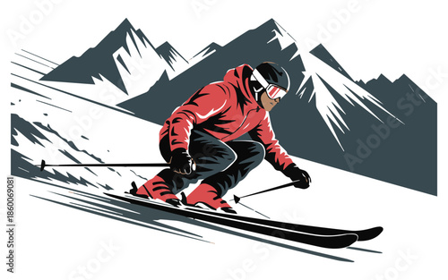 Skier in red jacket speeding down snowy mountain slope