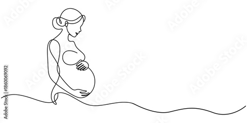 Beautiful pregnant Woman in one continuous line drawing. Healthy pregnancy and birth baby symbol in simple linear style. Concept for Happy Mother day banner. Editable stroke. Vector illustration