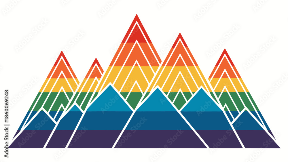 Fototapeta premium Vibrant rainbow mountain range with white outlines on white background
