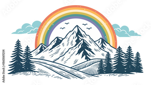 Vibrant rainbow over majestic mountain landscape with pine trees