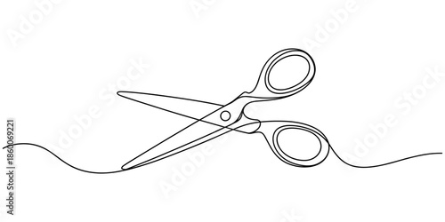 continuous one line drawing of a pair of scissors cutting a thread a tailor or craft tool vector outline sketch, Continuous one line drawing of scissors cutting vector illustration
