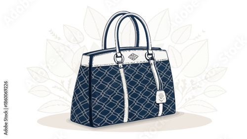 Elegant navy blue handbag with white accents and leaf pattern