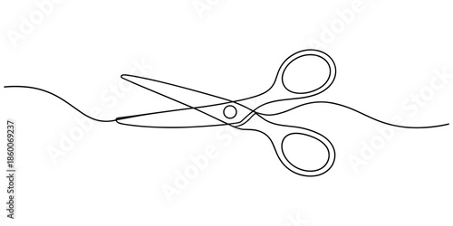 continuous one line drawing of a pair of scissors cutting a thread a tailor or craft tool vector outline sketch, Continuous one line drawing of scissors cutting vector illustration