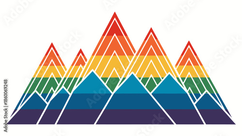 Vibrant rainbow mountain range with white outlines on white background