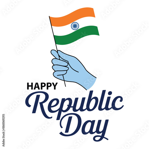 Happy republic day illustration with hand holding indian tricolor flag and stylish typography celebrating national pride and patriotic spirit