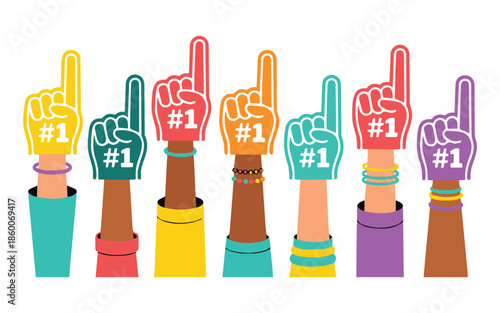 Diverse group of people showing number one gesture with colorful foam fingers