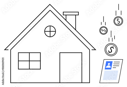 Real estate investment concept. Real estate importance highlighted with house, coins, and ID card. Real estate emphasizing ownership, financing, security. For finance, property management economy