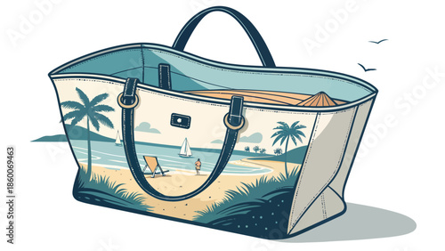 Beach bag with tropical design and palm trees on white background