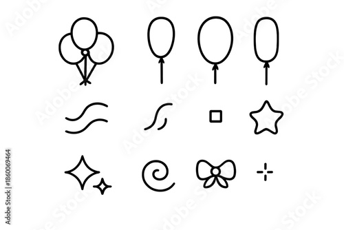 Birthday Balloon Icons. Birthday balloons bouquet. Line outline icon set of Birthday balloons bouquet: balloon