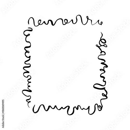 Minimalist hand-drawn rectangular frame with unique curly and loopy black ink edges. Artistic organic border featuring abstract swirling lines and handwritten brush strokes on white