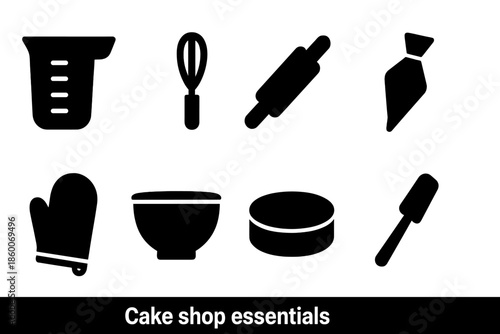 Cake Shop Icons. Cake shop essentials. Filled icon set of Cake shop essentials: measuring cup, whisk, rolling