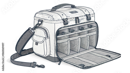 Vintage camera bag with organized interior and shoulder strap