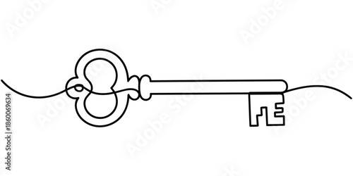 Continuous one line drawing of key. One line drawing illustration of key. Security concept continuous line art. Editable outline, continuous one line drawing of keys. Real estate keys icon.