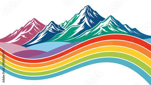 Vibrant mountain landscape with colorful rainbow waves