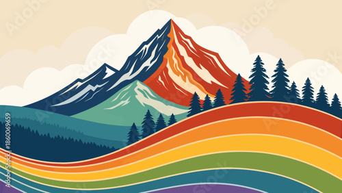 Vibrant mountain landscape with rainbow colored hills and trees