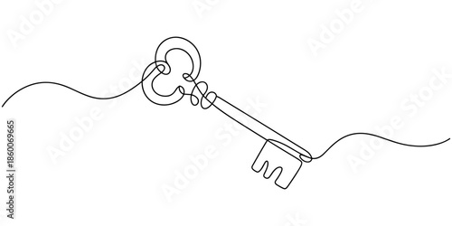Continuous one line drawing of key. One line drawing illustration of key. Security concept continuous line art. Editable outline, continuous one line drawing of keys. Real estate keys icon.