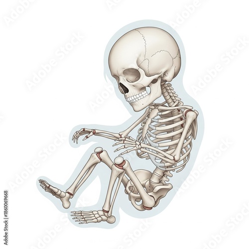 Detailed newborn human skeleton with unfused bones, clean medical presentation and soft neutral tones, ideal for education and anatomy concepts.