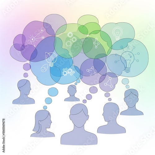 People with overlapping thought bubbles in a soft abstract style, symbolizing shared ideas, collaboration, and collective thinking on a clean backdrop.