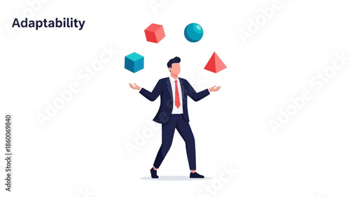 Illustration representing 'Adaptability', a business character juggling multiple different shaped objects.