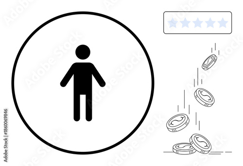 Reputation, customer feedback, monetization, social rating, reward systems, online performance. A person inside a circle, five stars and falling coins. Reputation and customer feedback concept