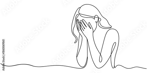 Continuous one line drawing of a crying woman covering her face. Sadness, depression, sorrow, grief concept. Unhappy female character in despair. Mental health linear vector.
