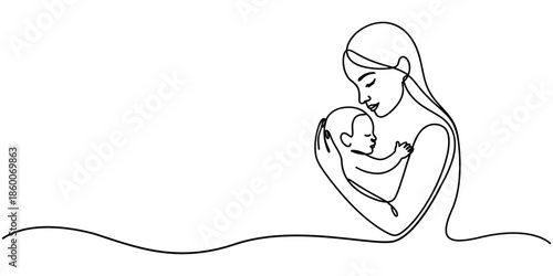 A woman with a baby in her arms. One line drawing  with alpha channel, self drawing of continuous one line draw. mother holding her baby. Mother holding baby in continuous line art style.
