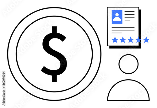 Dollar symbol in round frame alongside user profile icon and rated resume document. Ideal for financial recruitment, human resources, career advancement, employee evaluation, job applications, wage