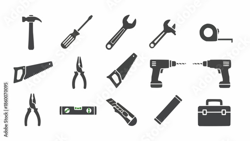 Collection of various construction and repair tools in silhouette.