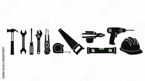 Collection of various construction and DIY tools arranged in a line.