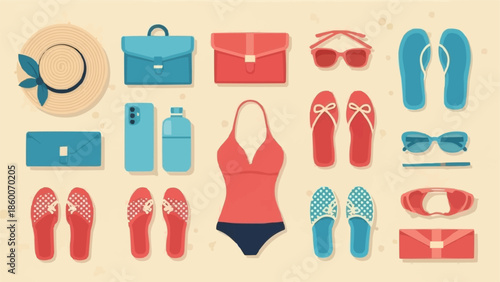 Collection of Summer Beach Vacation Accessories and Clothing Items.