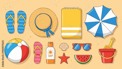 Collection of Summer Beach Vacation Accessories and Items.