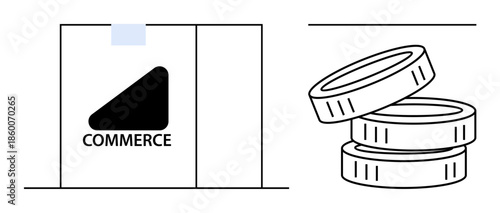 Online shopping, ecommerce, business transactions, payment systems, delivery services, digital finance. A box with a commerce logo and stacked coins. Ecommerce and business transactions concept