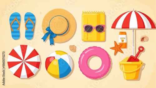 Collection of Summer Beach Vacation Accessories and Toys.