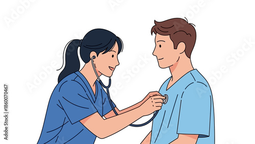 Caring female healthcare professional performs a routine medical check-up on a male patient using a stethoscope, symbolizing health monitoring and patient care